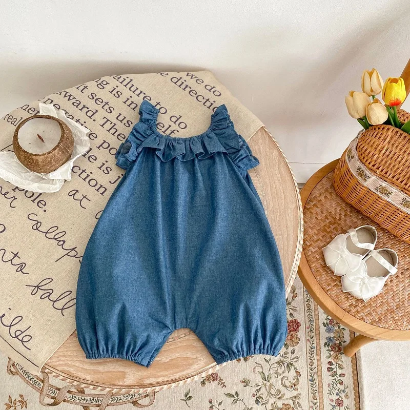 0-2T Newborn Romper Summer New Girl's Little Flying Sleeves Denim Creeper Casual Blue Versatile Girl's Sling Jumpsuit
