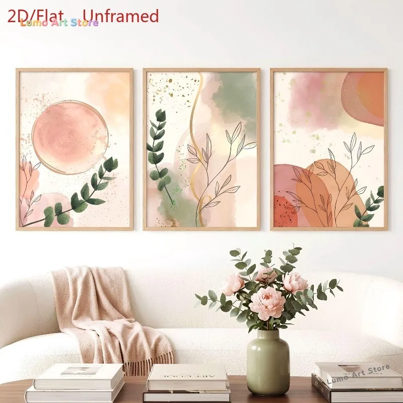 2D Flat, 2D Flat Set of 3 Boho Botanical Abstract Plant Canvas Print Posters Watercolor Blush Terracotta Wall Art Po