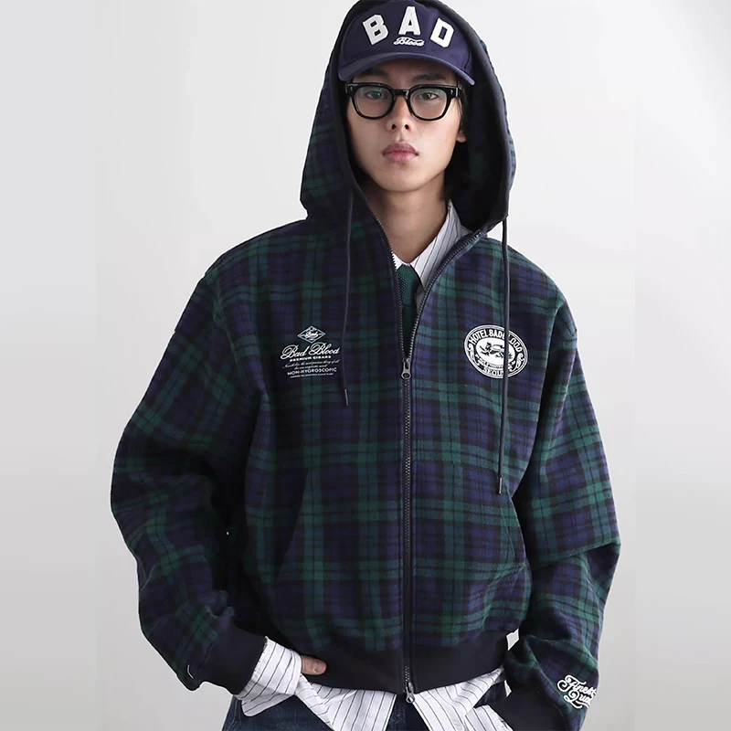 Sweat à capuche à carreaux rouge rétro américain pour femmes, Sport décontracté, coupe ample, brodé, longue fermeture éclair, printemps-automne