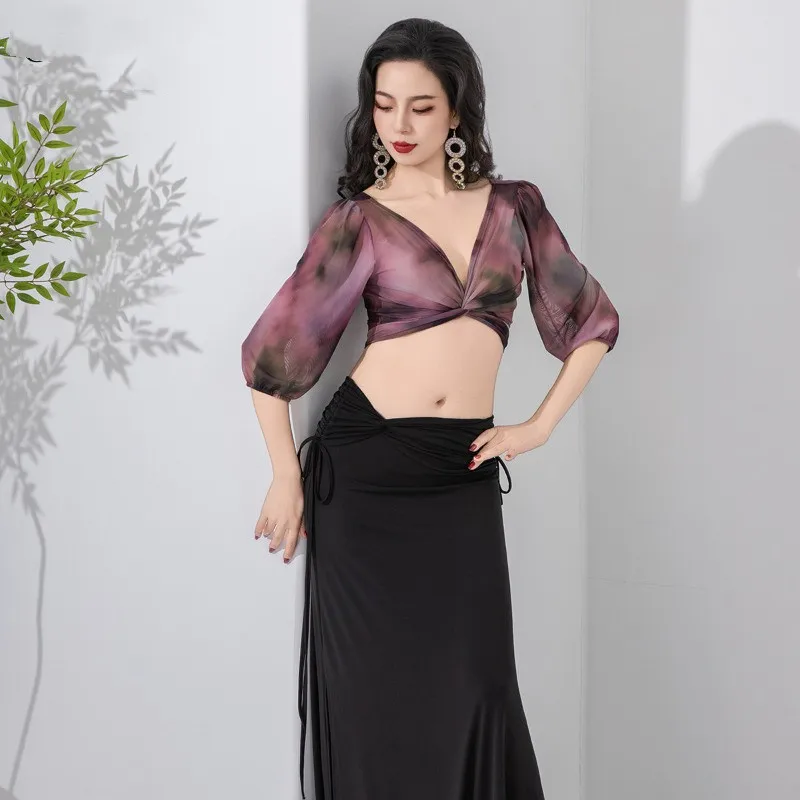 2026 Bellydance Costume Long Sleeve Floral Print Gauze Top Modal Long Skirt Sexy Oriental Dancer Practice Clothes Stage Show