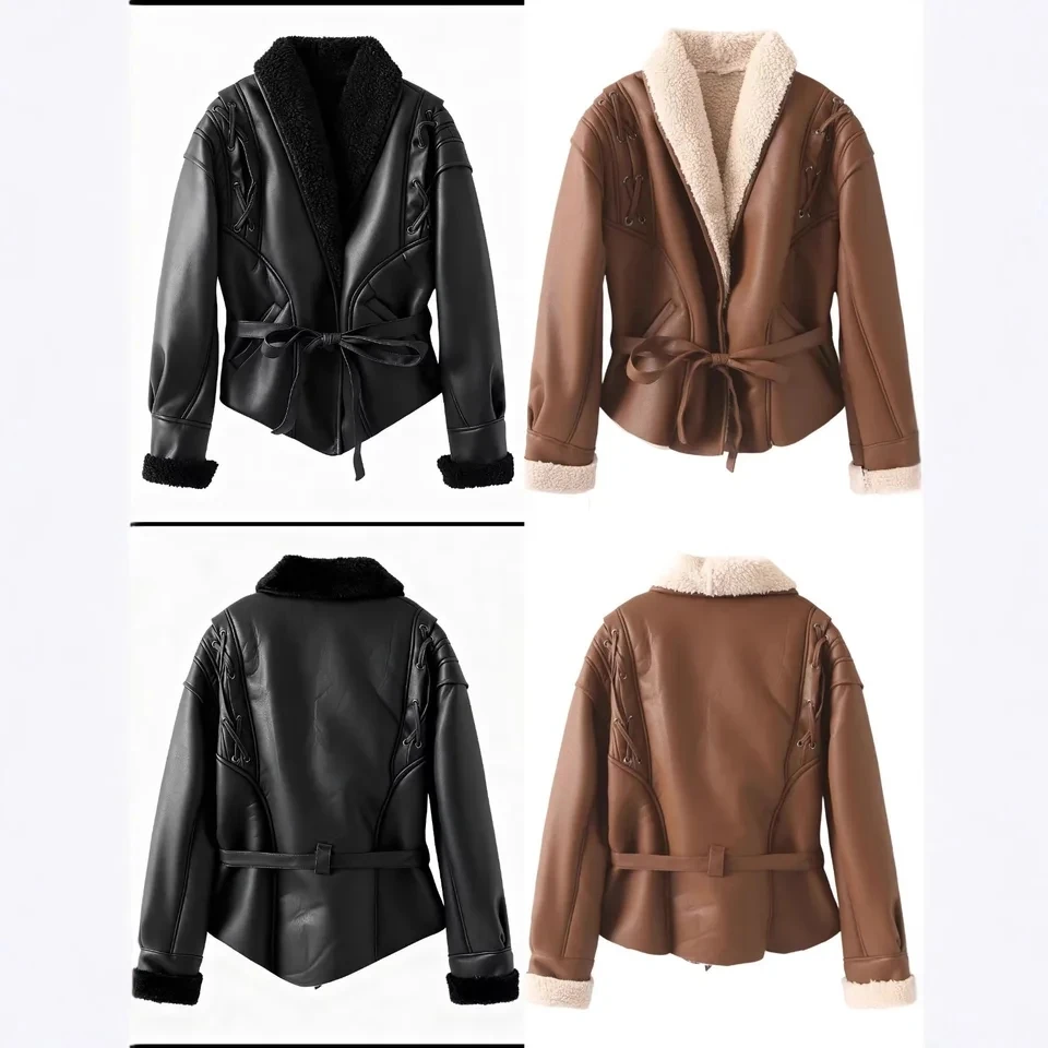 

Новое осенне-зимнее женское пальто из кожи и меха с интегрированной отделкой, уличный стиль, с завязками на талии, светло-коричневый и темно-коричневый цвета, два варианта расцветки