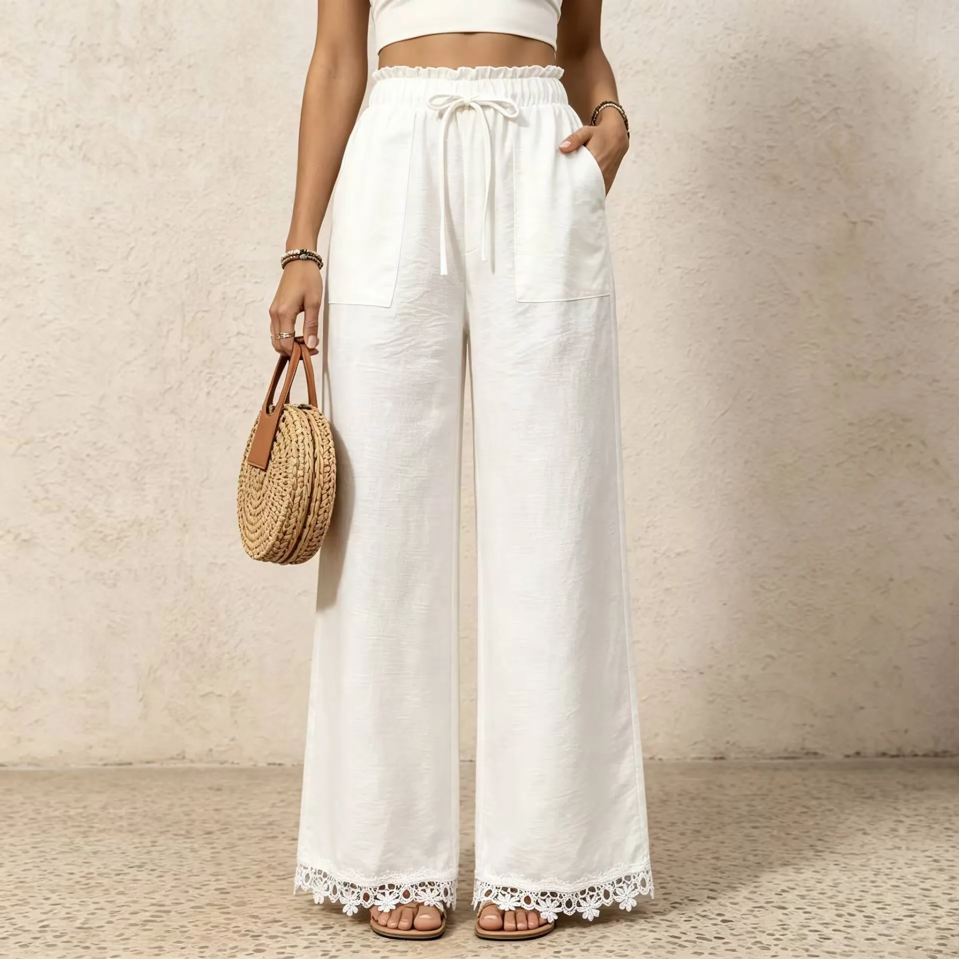 2026 Lace Trim Wide Leg Pants Women Loose Elastic Waist Casual Cotton Linen Pants Solid Color Breathable Straight Pants Woman