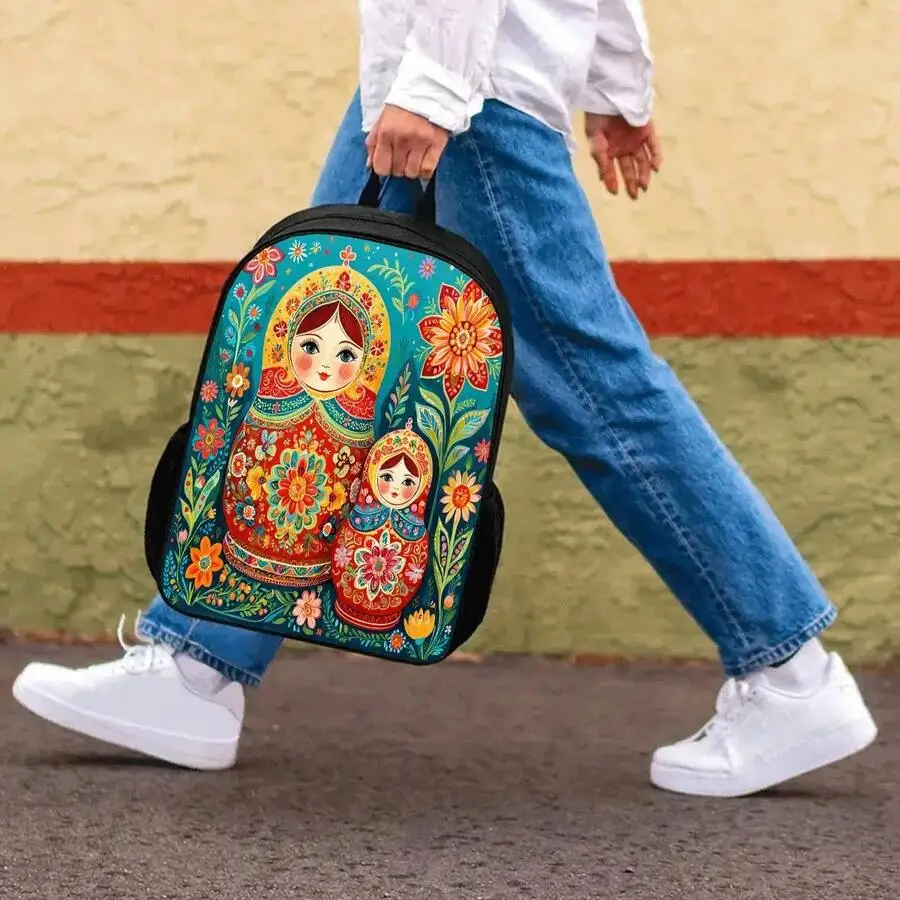 

17 Inch Large Capacity Polyester Backpack With Laptop Compartment Floral Matryoshka Print Unisex Casual Bag For Work Travel