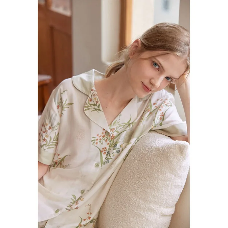 2024 Summer Double-layer Bamboo Cotton Gauze Pajamas for Women Light Elegant Print Lapel Contrast Short Sleeve Loungewear Set