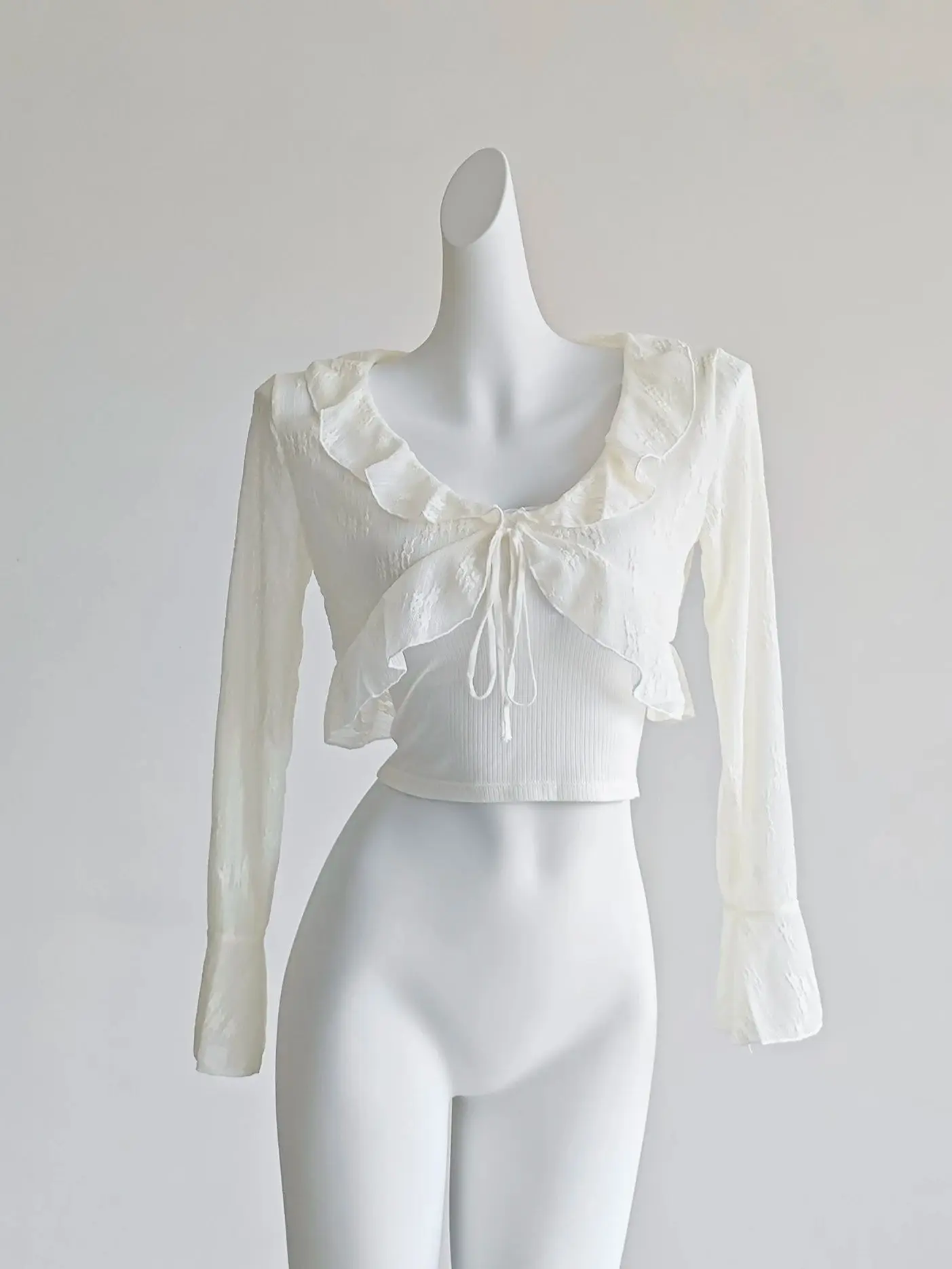 French Ruffled Thin Sunscreen Cover Shirt Summer Long Sleeved Short Lace-up Mesh Cardigans Women Casual Tops