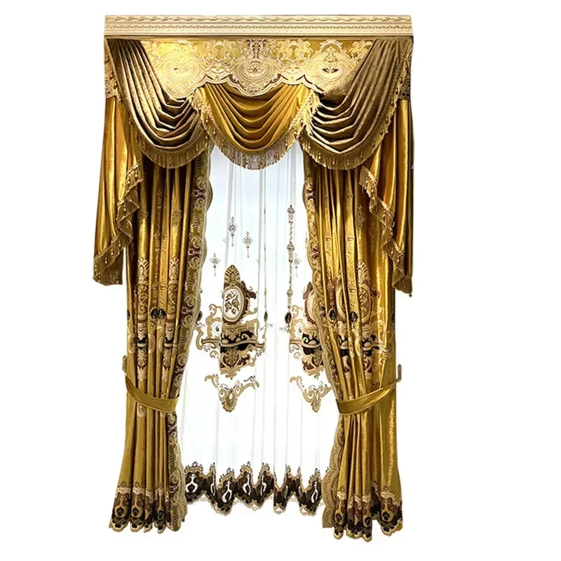 European luxury American style, high-end ice velvet golden yellow curtains