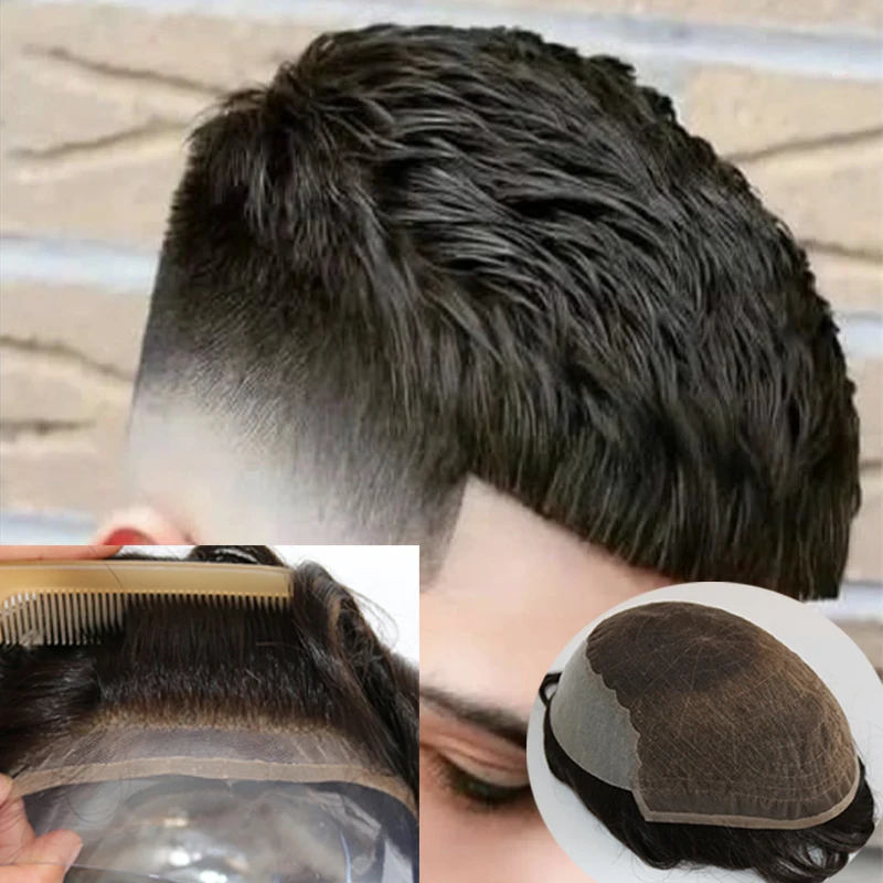 Invisible Soft Comfortable Black Men's Wigs Natural Hairline Breathable Q6 Lace&PU Durable Men Toupee 100% Human Hair Prosthesi