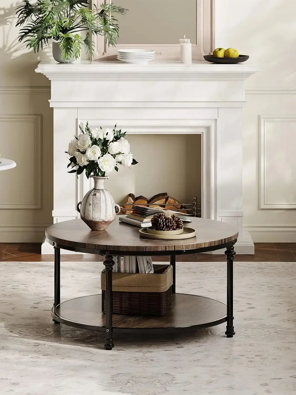 Modern Boho 2-Tier Round Coffee Table, Rattan & Tempered Glass Top with Sturdy Metal Frame, 30 Inch Stylish Center Table for Liv