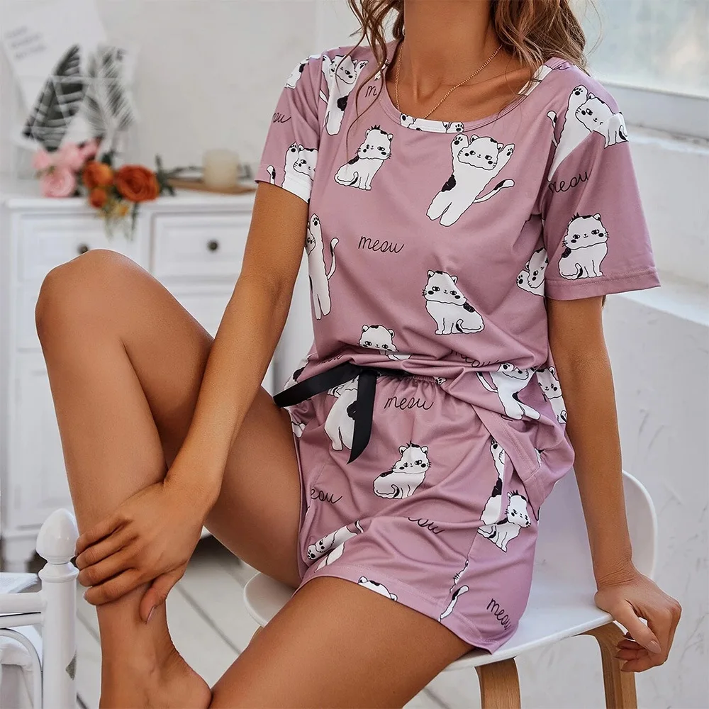 Damen-Pyjama-Set mit Cartoon-Druck, kurzärmelig, T-Shirt, Shorts, Nachtwäsche, 2-teiliges Set für Damen, lässig, Rundhalsausschnitt, belüfteter Anzug