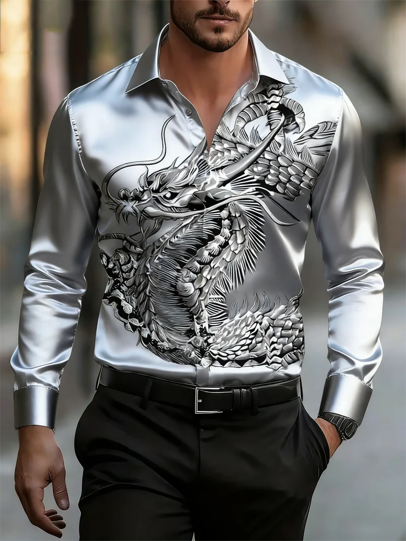 New Men's Shirt Long Sleeve Shirt Chinese Loong HD Pattern 3D Printing Pattern Lapel Fashion Casual Street Top