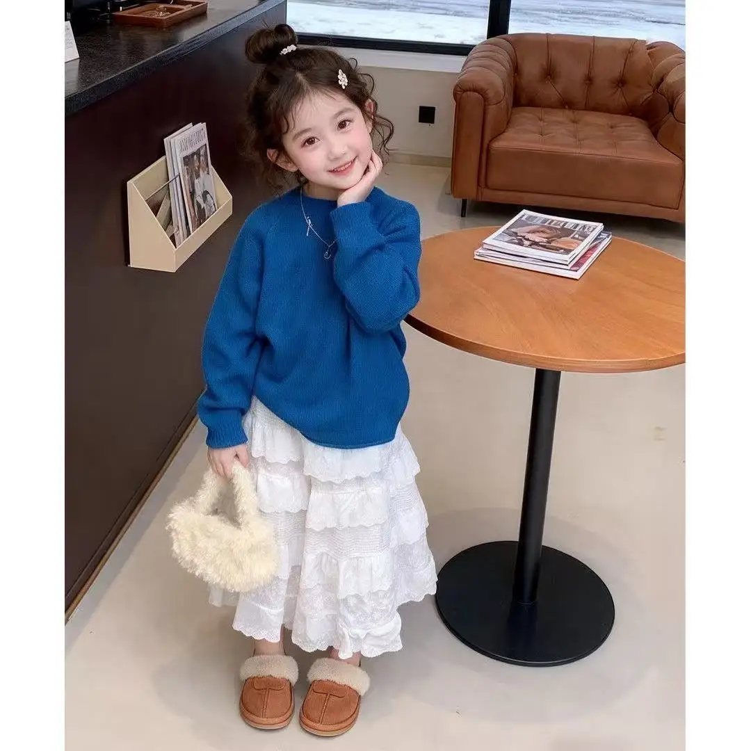 2026 New Winter Girls Sweater Skirt Set Blue Knitted Top Ruffle Hem Skirt 2 Piece Outfit Kids Fashion Clothing Toddler Suit