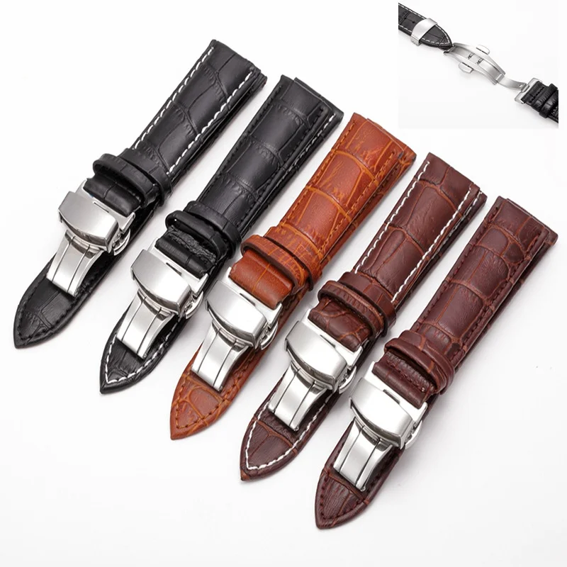

16mm 18mm 20mm 22mm 24mm High Quality Bamboo Leather Watch Strap Stainless Steel Butterfly Watch Clasp Universal Calfskin Band