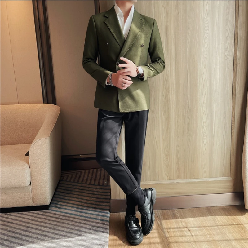 British Style Double Breasted Suit Jackets Men\'s New Solid Color Business Casual Blazer Male Trend Slim Social Party Dress Coats