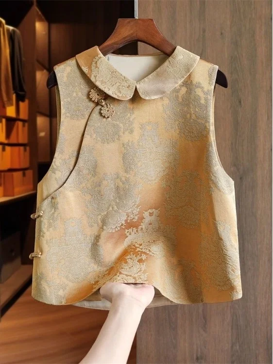 

Новый китайский жилет с вышивкой, кукольный воротник на пуговицах, женский модный осенний костюм, традиционный национальный сле