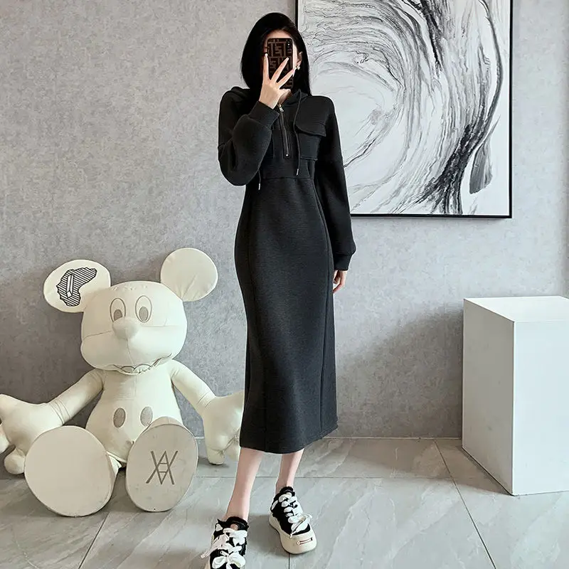 Female Clothing Casual Hooded Midi Dress A-Line Waist Spring Autumn Solid Color Basic Long Sleeve Chic Pockets Spliced Dresses