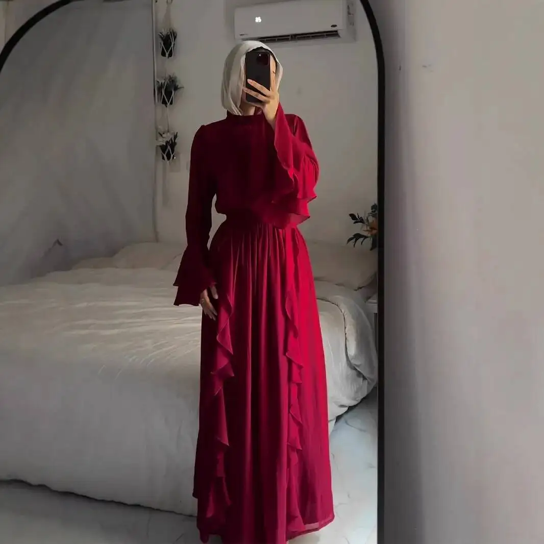 

Новое осеннее шифоновое платье-абайя 2026 с воланами и вставками, полувысоким воротником, длинное, в дубайском стиле, роскошное, исламское, элегантное, для Рамадана