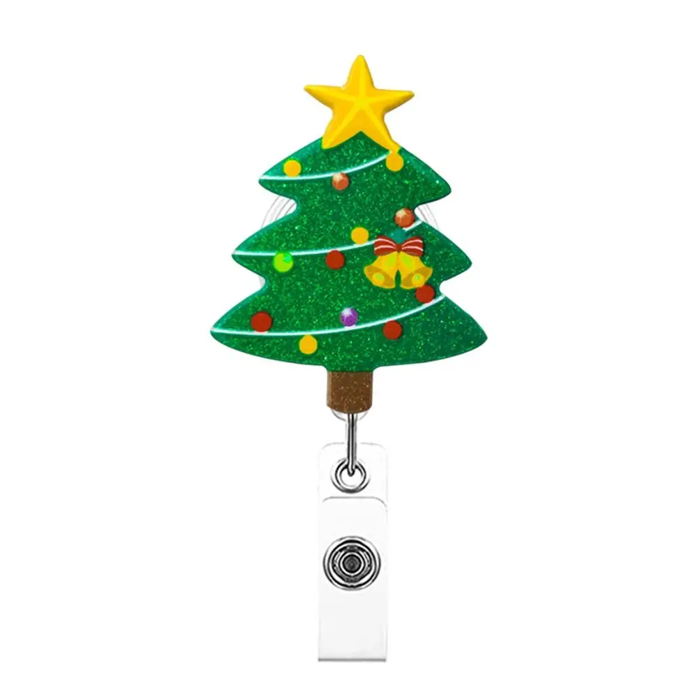 Acrylic Christmas Badge Reel Santa Claus Gingerbread Retractable Badge Holder Xmas Decoration Glitter Shiny ID Card Holder
