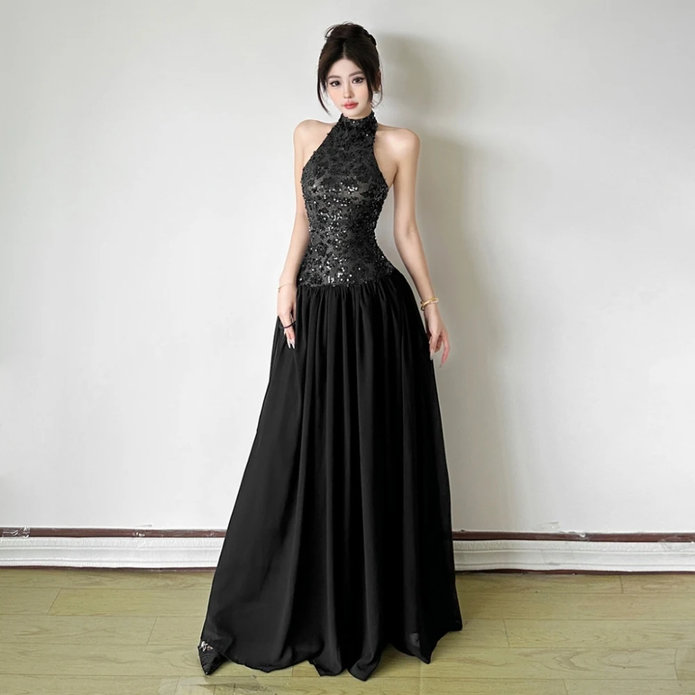 실큐 스팽글 패치워크 롱 드레스 여성용 홀터 오프숄더 백리스 가운 로브 미드나잇 프롬 파티 루치드 엘레강트 베스티도스