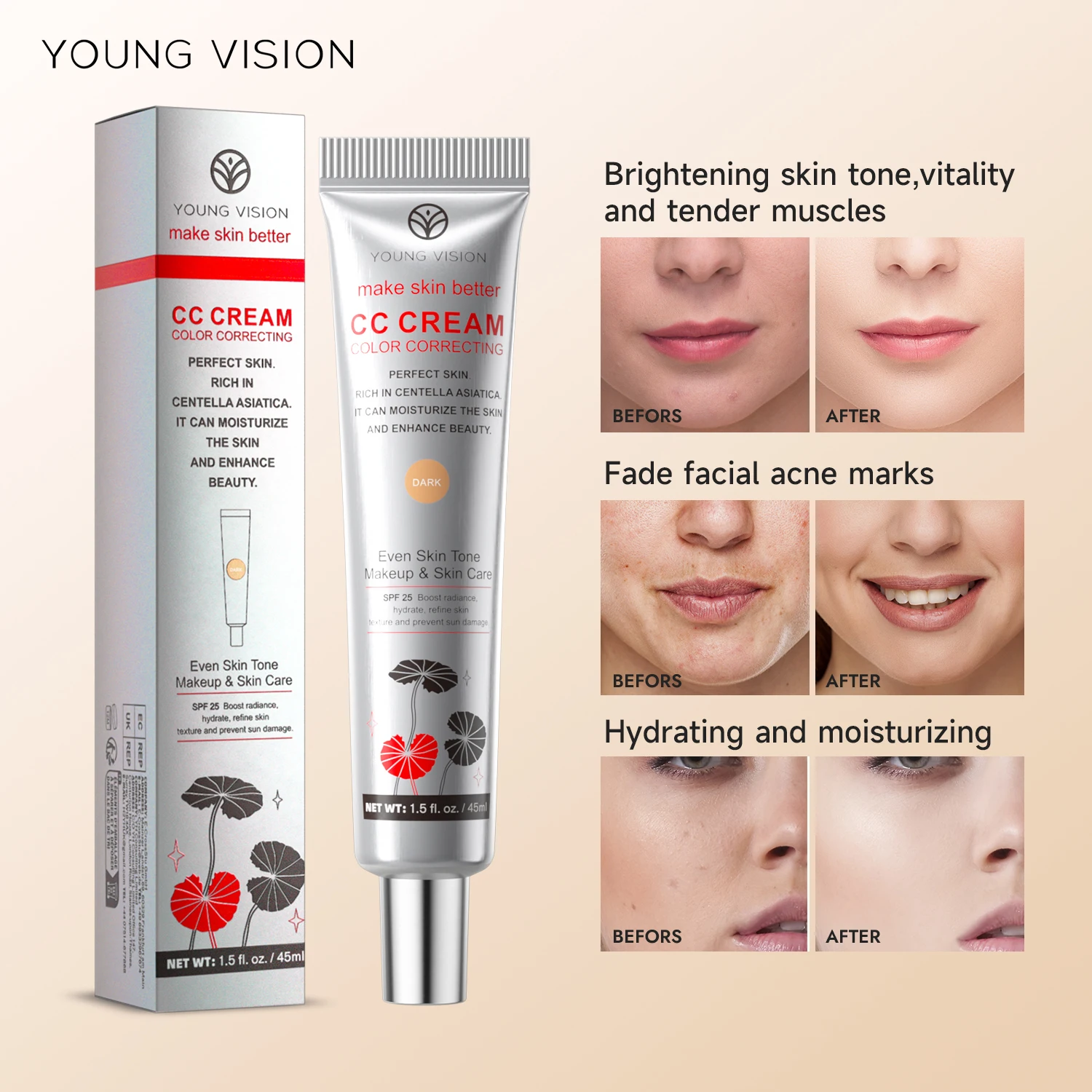 YOUNG VISION 2-color light delicate repair color change isolation CC cream watery thin natural nude sunscreen concealer liquid