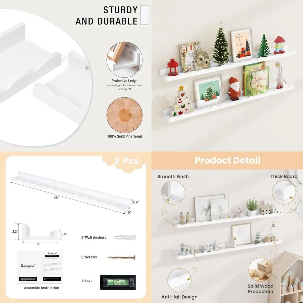 

Set of 2 Pine Wood 48 Ledge Shelves - Nursery & Kids Room Wall Bookshelves, White Kitchen Spice Decor