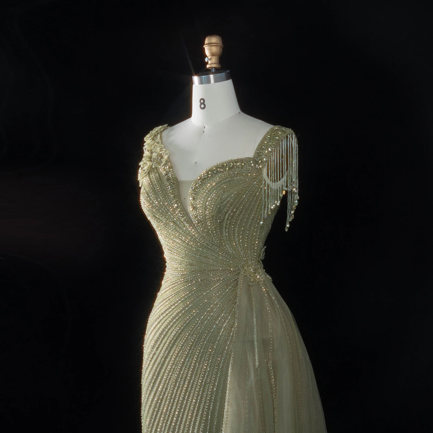 Sharon Said Abendkleid Glamouröses Grünes Tüllkleid mit Perlen und Quasten, Sweetheart-Ausschnitt, Luxuriöses Dubai-Formelles Hochzeits- und Partykleid SS103 Maßanfertigung – Detail 9