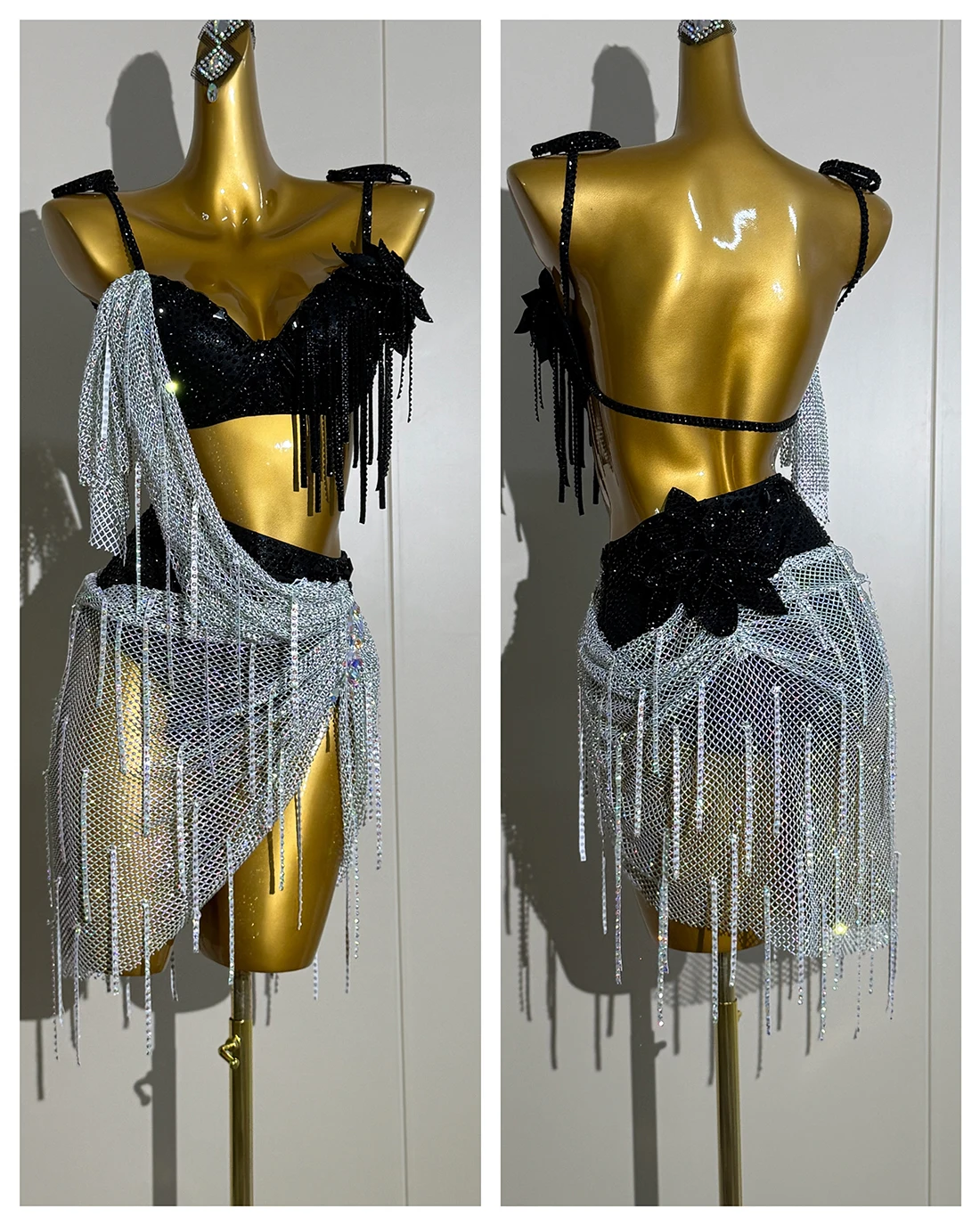 Latin Dancer Adult Children High-End Customized Black And White Matching Dress, Black Pool AB Stone Practice Race Dress