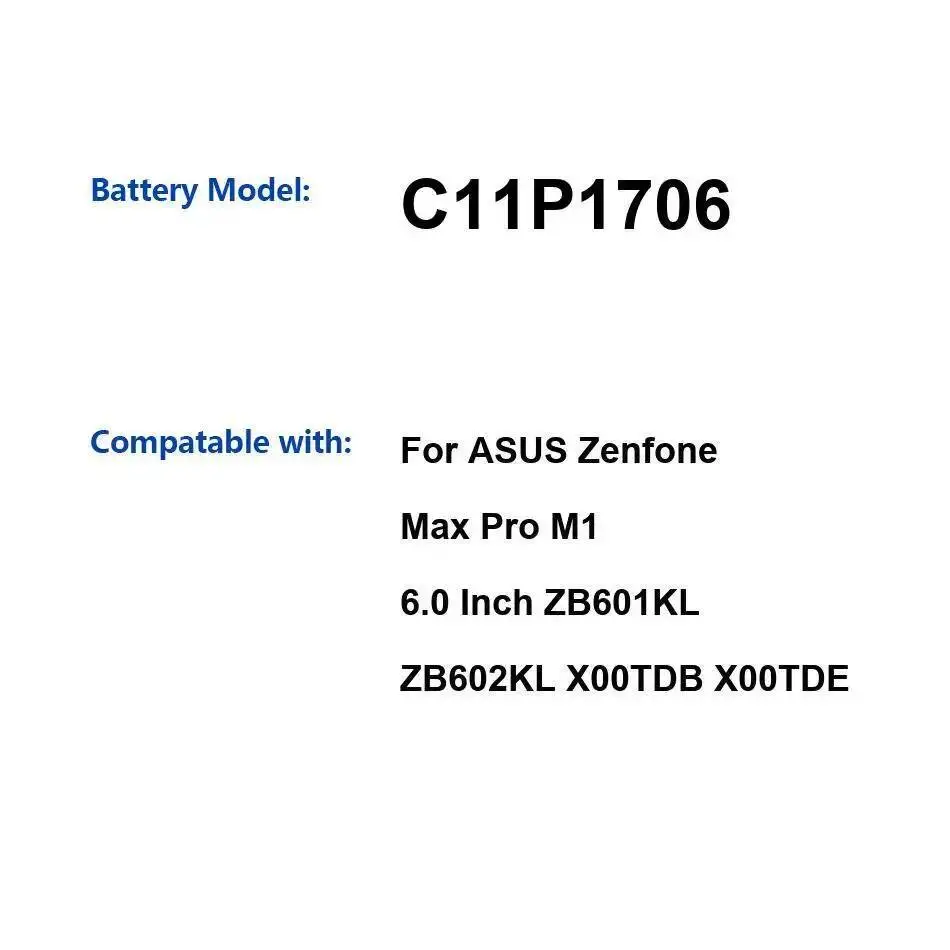 

Аккумулятор мобильного телефона C11P1706 5000 мАч для Asus Zenfone Max Pro M1 6,0 дюймов ZB601KL ZB602KL X00TDB X00TDE