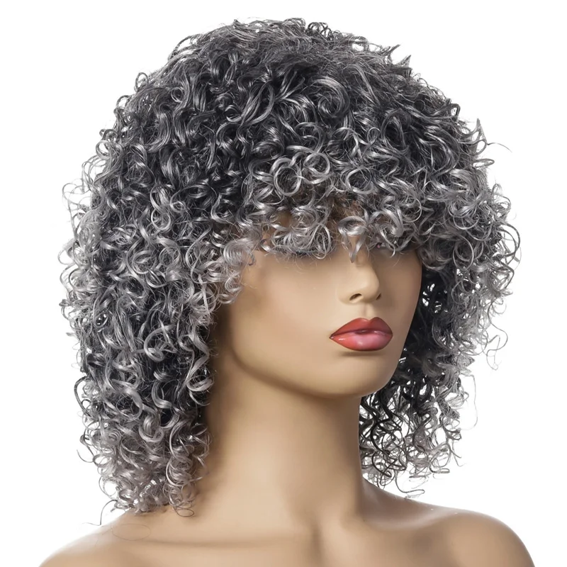 

WHIMSICAL W Synthetic Gray Afro Curly Wigs With Bangs For Fashion Women Blonde Cosplay Highlight Wigs
