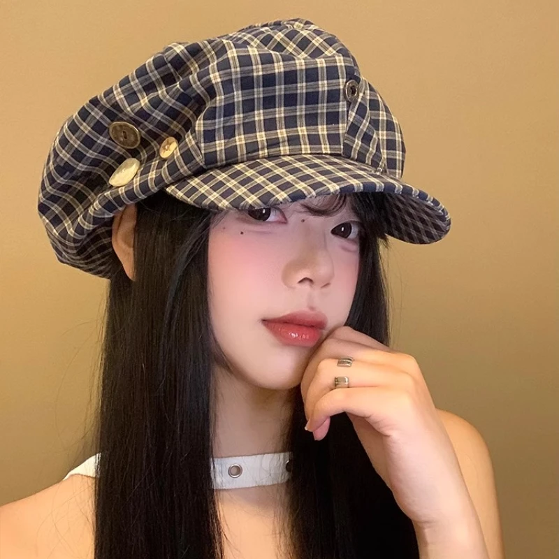 

Retro Button Design Plaid Berets Cap for Women Spring and Summer Korean Versatile Show Face Small Cloud Octagonal Hats Y2K