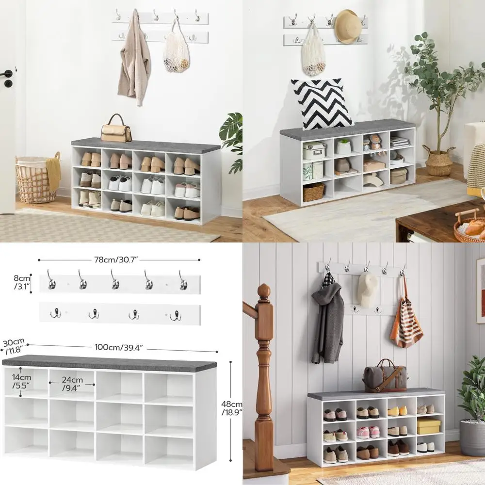 

White Shoe Storage Bench with Cushion, 39.4 Entryway Organizer, 12-Cubby Rack, Coat Rack, Holds 330 lb