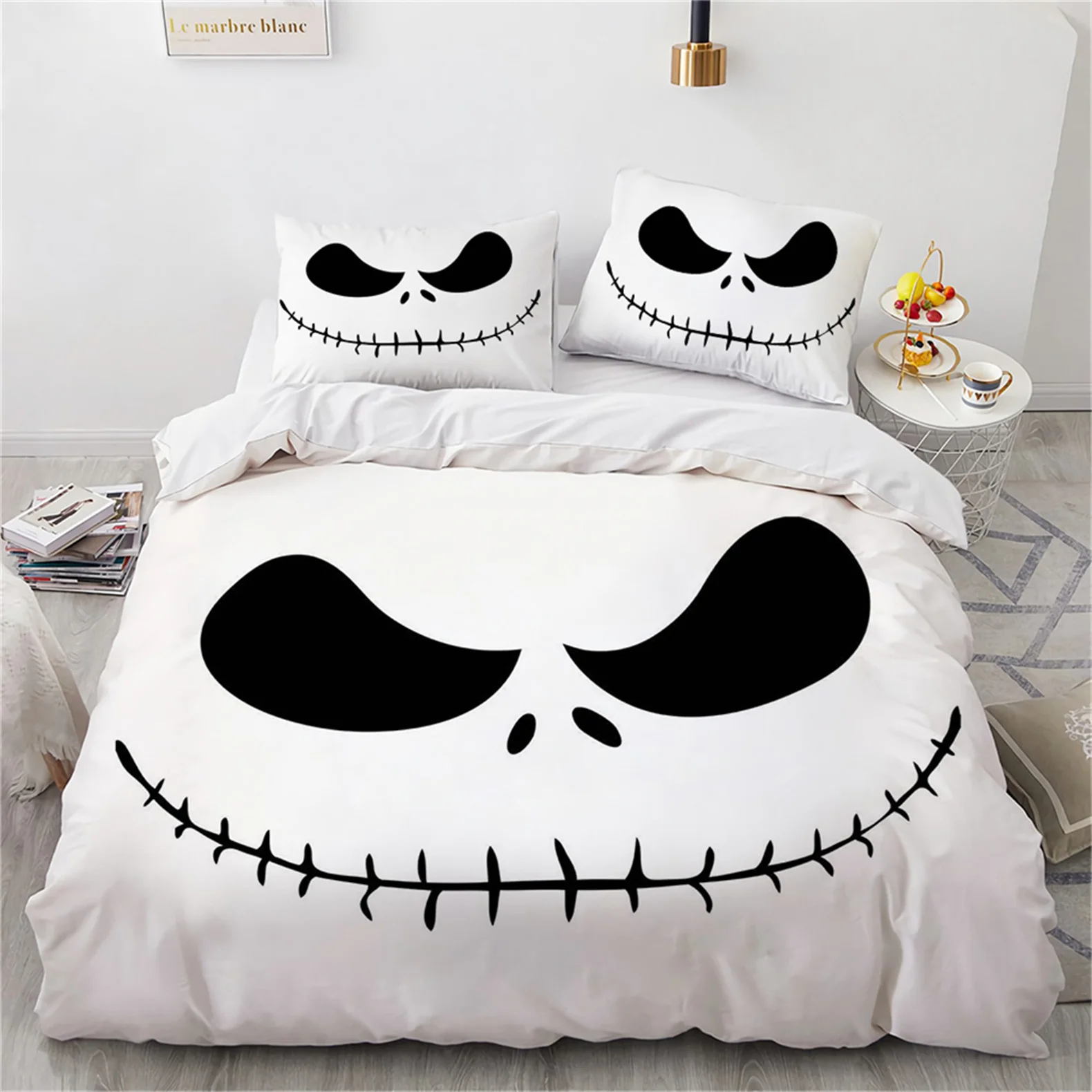 

Halloween Skull Duvet Cover,Jack and Sally Quilt Cover,Nightmare Before Christmas Bedding Set Pillowcase,Halloween Decor