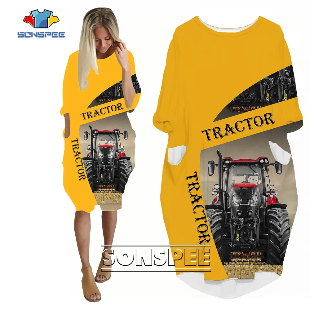 SONSPEE Yellow Farm Harvester Graphic 3D Printed Dress Long Sleeve Street Heavy Truck Car Skirt Female Casual Robe Clothing