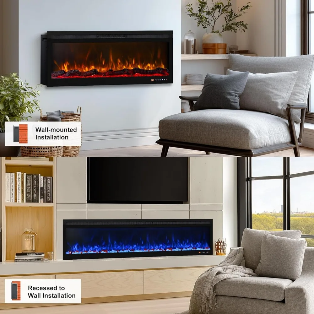 50-Inch Smart Wall-Mounted Electric Fireplace with App Compatibility and 13 Flame Color Combinations