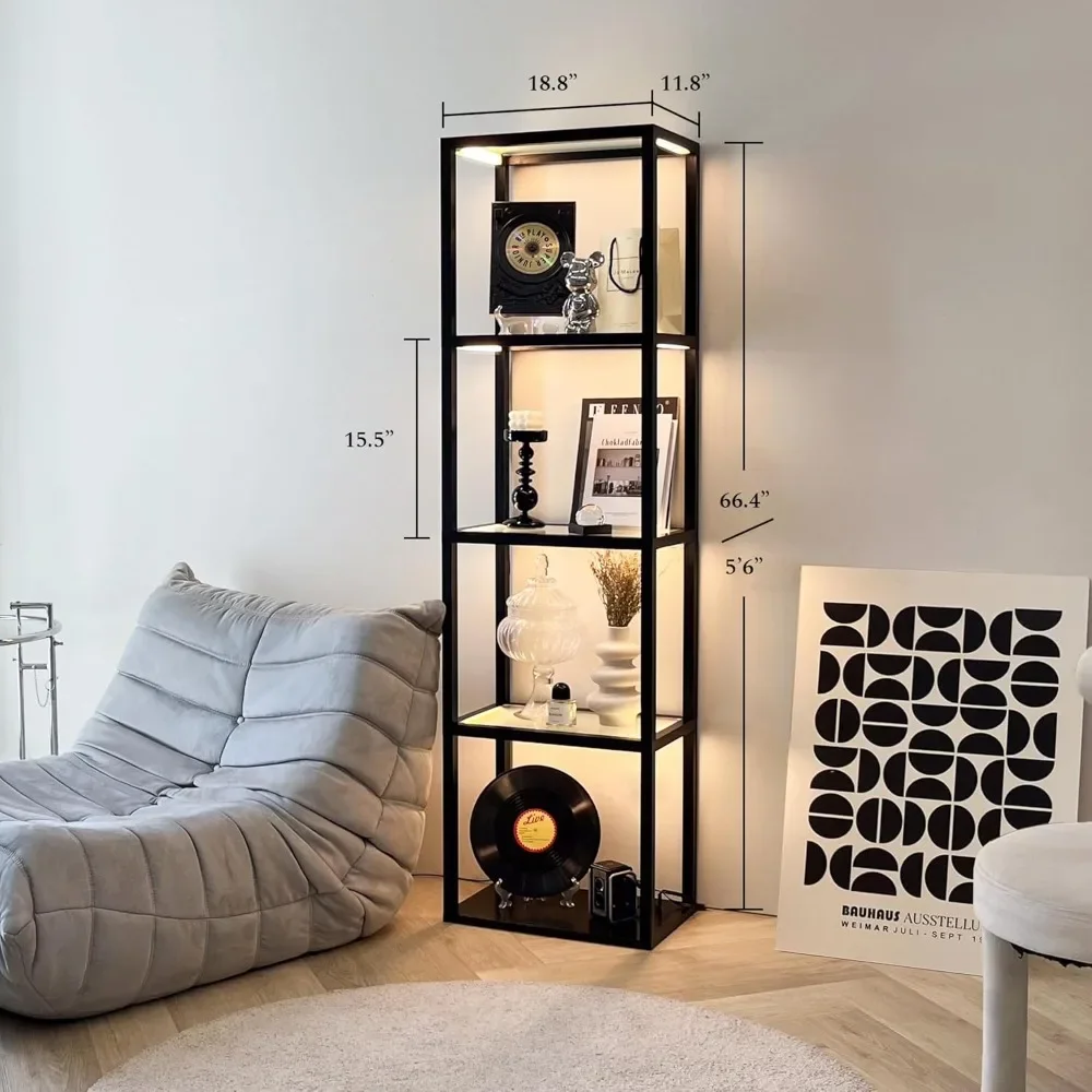 Glass Display Cabinet with Dimmable LED Floor Lamp, with Adjustable Color Temperatures, Open Display Shelf for Bedroom Decor