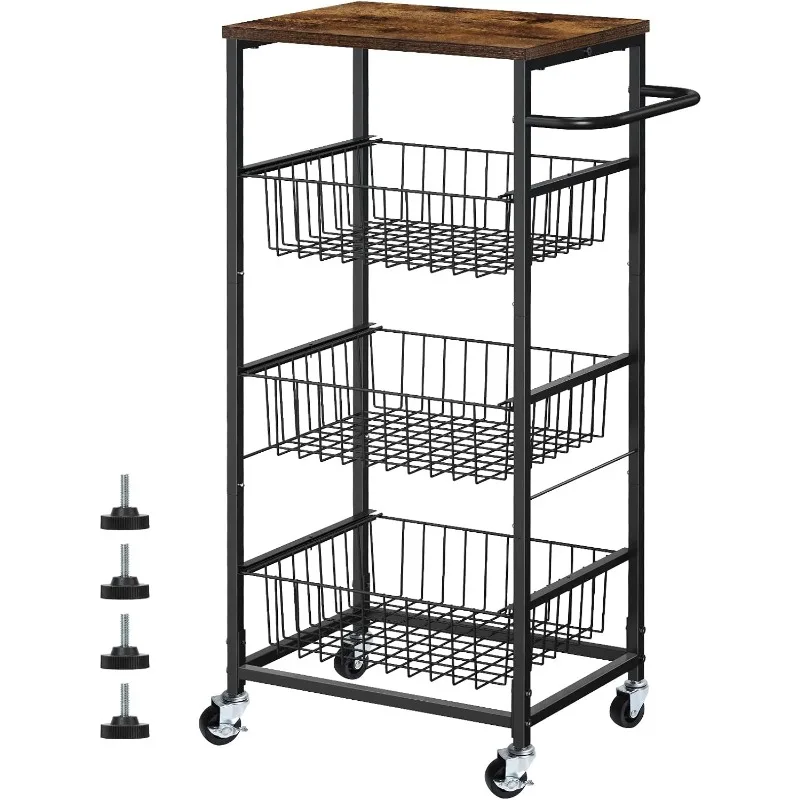 

Kitchen Storage Cart on Wheels 4 Tier Utility Rolling Cart with Baskets Farmhouse Serving Cart with Handle Mesh Basket Pantry Ca