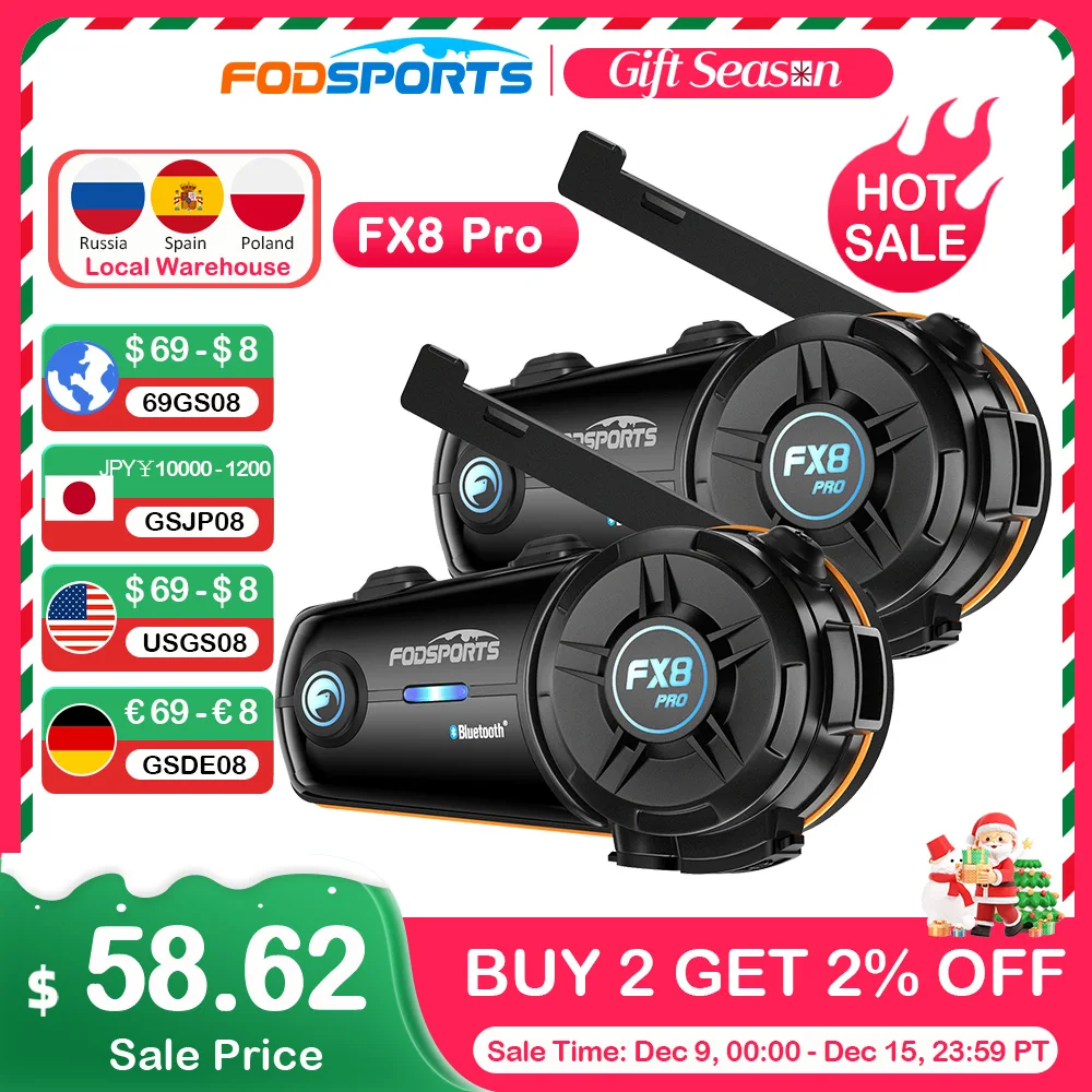 Fodsports FX8 Pro Intercom auriculares para casco de motocicleta 8 conductores Intercomunicador Bluetooth Dual Moto música compartir interfono