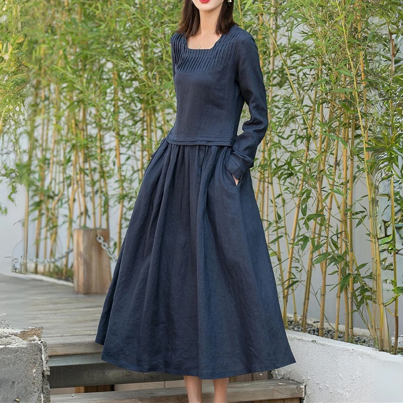 

Maxi Linen Dress: Long Sleeve Spring Casual Dresswith Pockats Xumanya