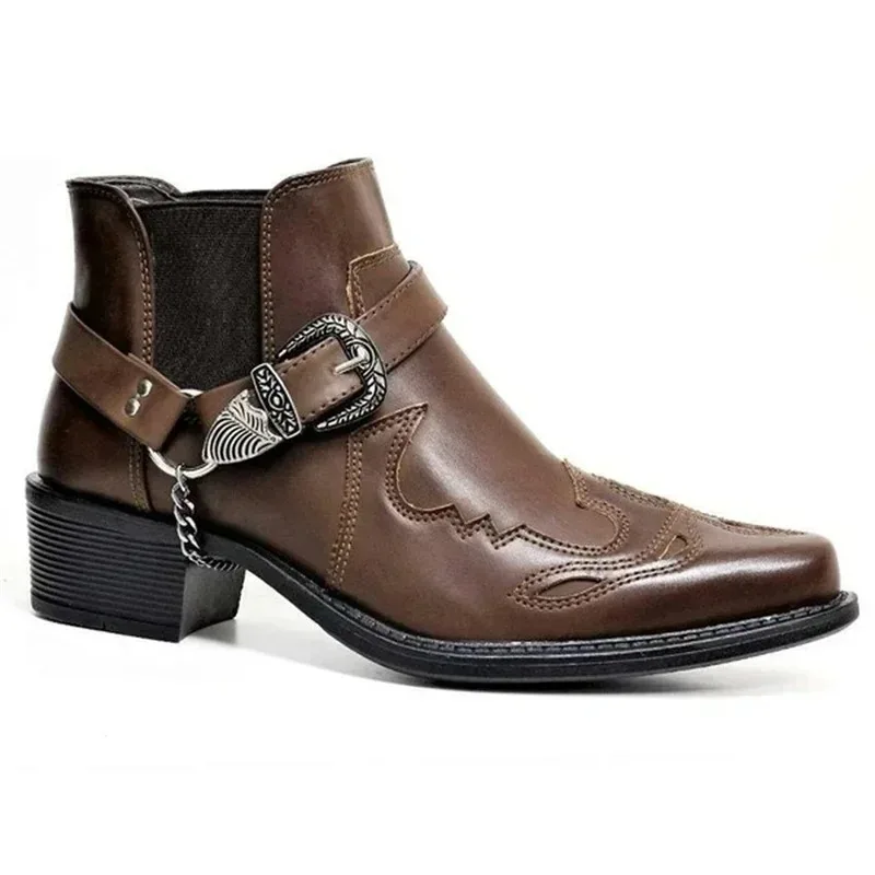 Vintage Men's Cowboy Boots High Top Carving Shoes Luxury Leather Chain Buckle Strap Punk Shoes Pointed Toe Biker Boots Zapatos