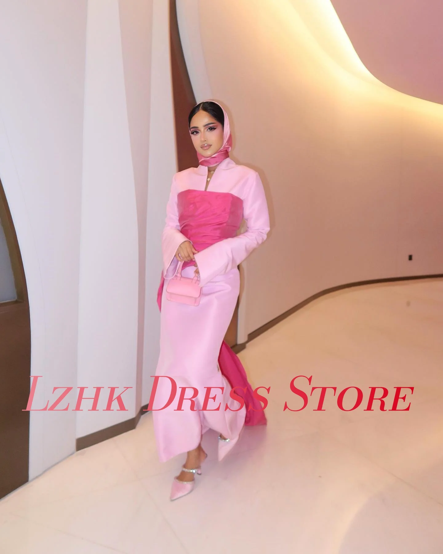 ชุดราตรีทรงเมอร์เมดผ้าซาตินทันสมัยสั่งตัดพิเศษ คุณภาพสูง แขนยาว คอวี ยาวกรอมเท้า