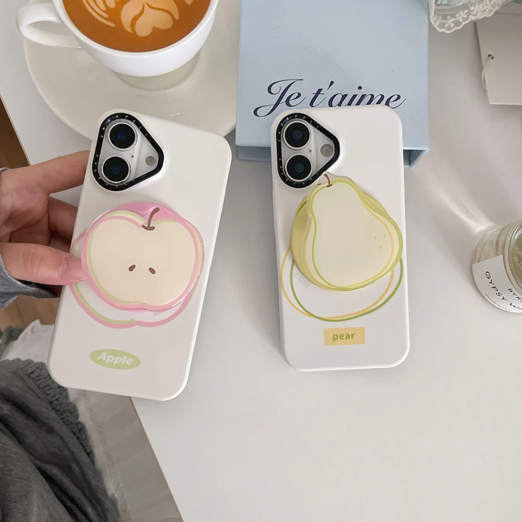 

Fresh Simple Lines Apple Pear Fruits With Holder Magnetic Wireless Charging Phone Cover Case for iPhone 16 15 14 13 Pro Max
