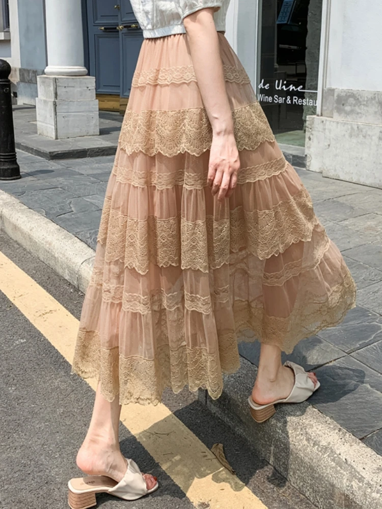 Qiukichonson French Style Lolita Lace Skirts Womens Mid Long Skirts 2023 Spring Summer Cute High Waisted A-Line Mesh Skiirts