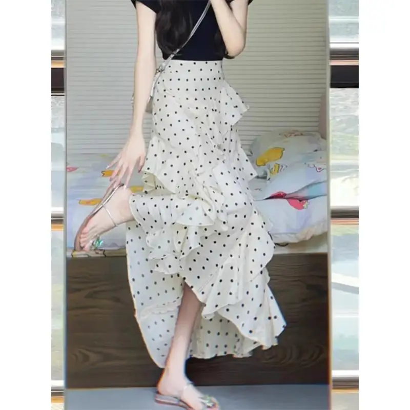 Elegant High Waist Asymmetrical Design Half-length Skirt Women's Gauze  Polka Dot A-line Skirt Standard Fit Summer Collec...