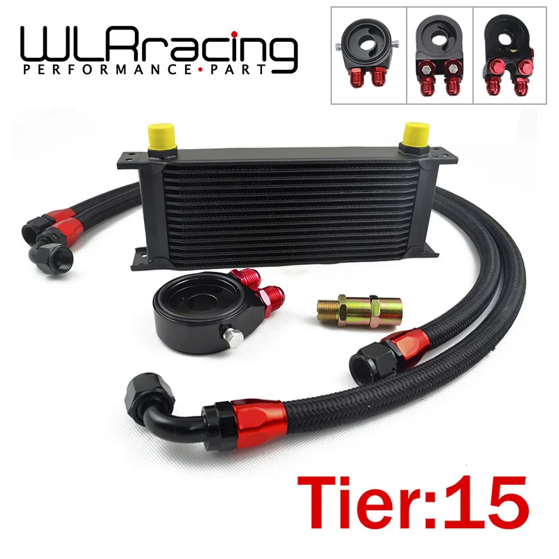 Universal 15 ROWS AN10 OIL COOLER ENGINE + AN10 Oil Filter Cooler Sandwich Plate Adapter Black + 2PCS  BRAIDED HOSE LINE