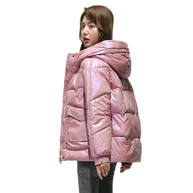 2025 nueva Chaqueta de algodón brillante para mujer invierno suelto con capucha gruesa prendas de vestir cálidas Parkas informales para mujer abrigo