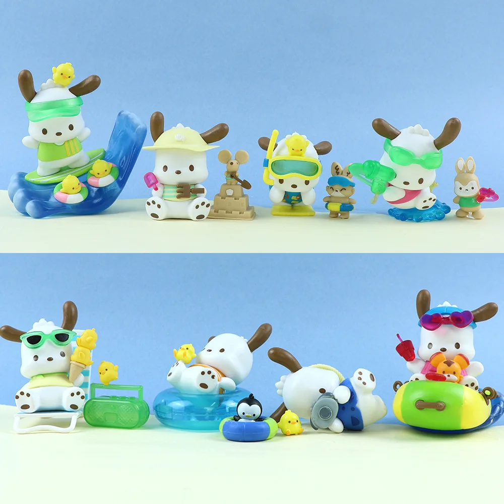 8pcs/set Sanrio Pochacco Holiday Beach Series Cute Anime Figure PVC Action Figures Ornaments Peripheral Doll Kids Toy Gift New