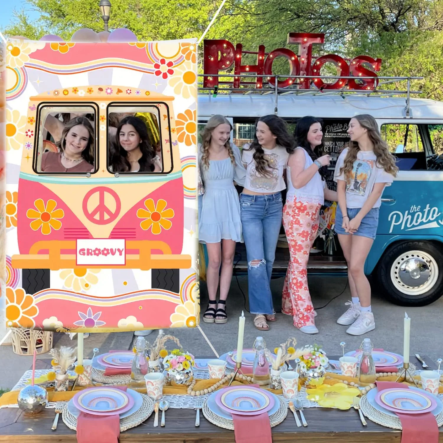 1.5 * 1M Hippie Bus Photo Props Groovy Party Decoration Background Cloth Retro Daisy Birthday Party Decoration