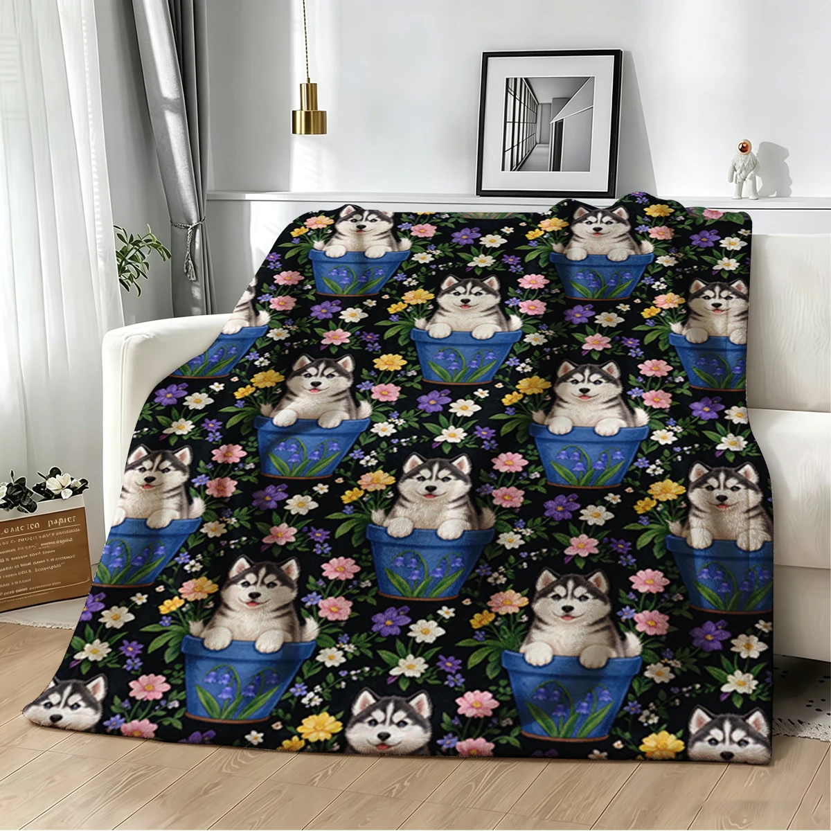 Husky Bluebell Pot Rainbow Flannel Blanket Warm Soft Halloween Christmas Decorative Couch Warm Cozy All-Season Gift