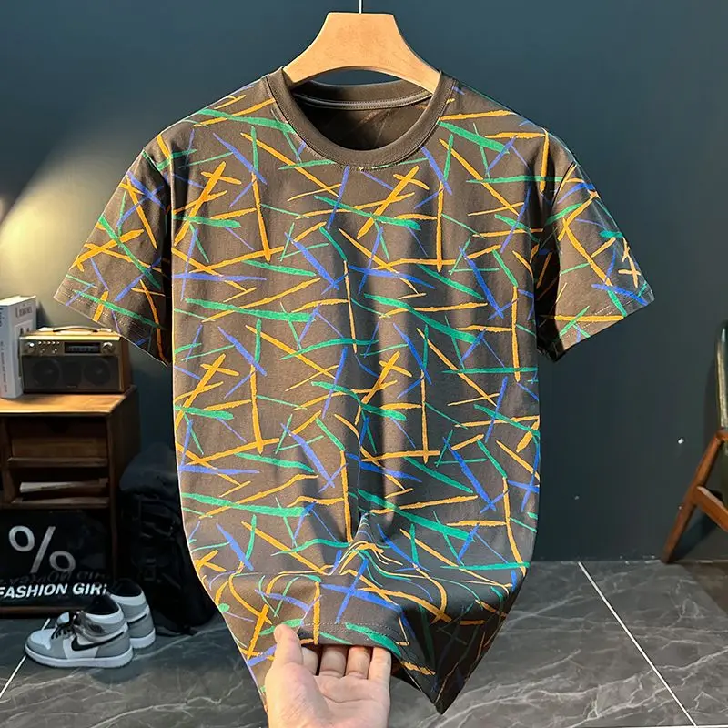 Men's high-end printed short sleeved T-shirt, summer new Korean version versatile texture, loose half sleeved round neck