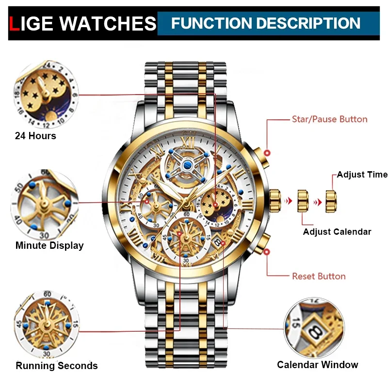 LIGE Brand Luxury Man Watch Fashion Original Quartz Watches for Men Stainless Waterproof Chronograph Wristwatch Reloj Hombre+Box