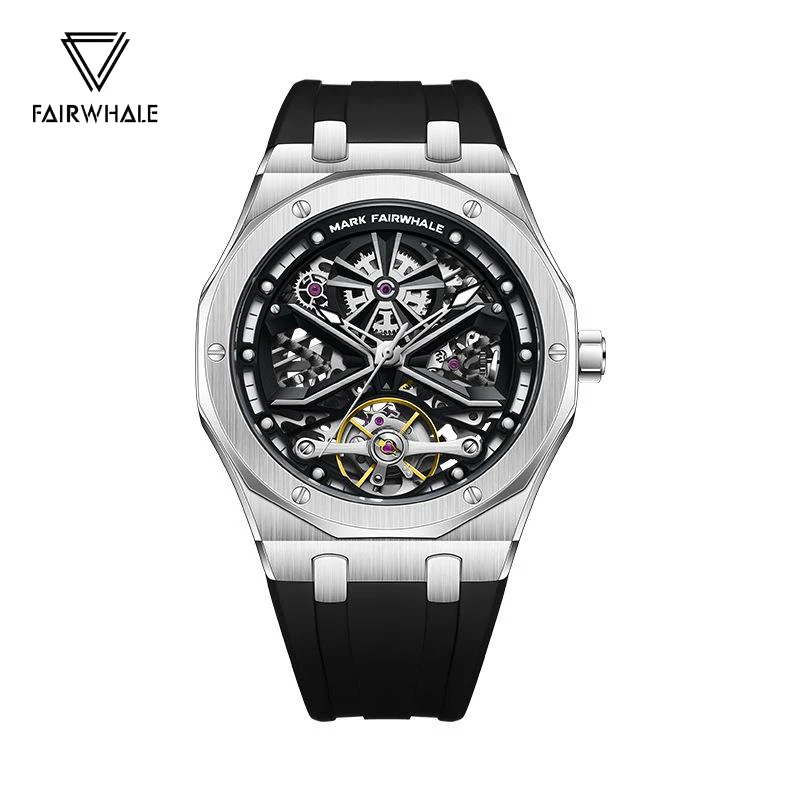 Stainless Steel Toubillon Automatic Watch Men Luxury Brand Skeleton Mechanical Watches Fashion Silicone Strap Waterproof Clock